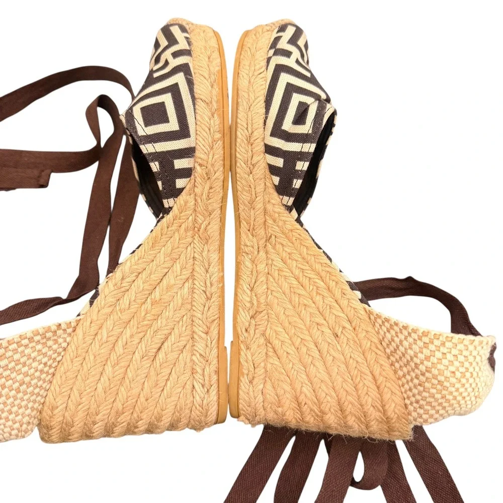 Tory Burch Wedge Espadrille Lace Up Ankle Strap 38 Geometric Canvas Resortwear